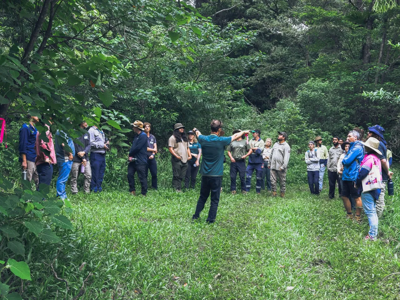 A man addresses people standing in front of a forest as part of the bunya dieback training.