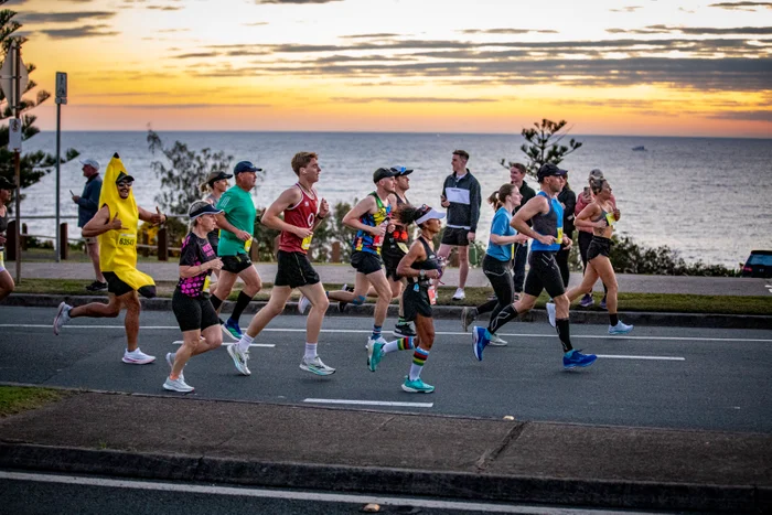 A group of marathon runners in action