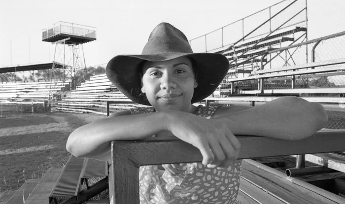 Aboriginal actress Deborah Mailman on the set of the documentary Black Chicks Talking, photographed by Jo-Ann Driessens in Mount Isa, Queensland, in 2000