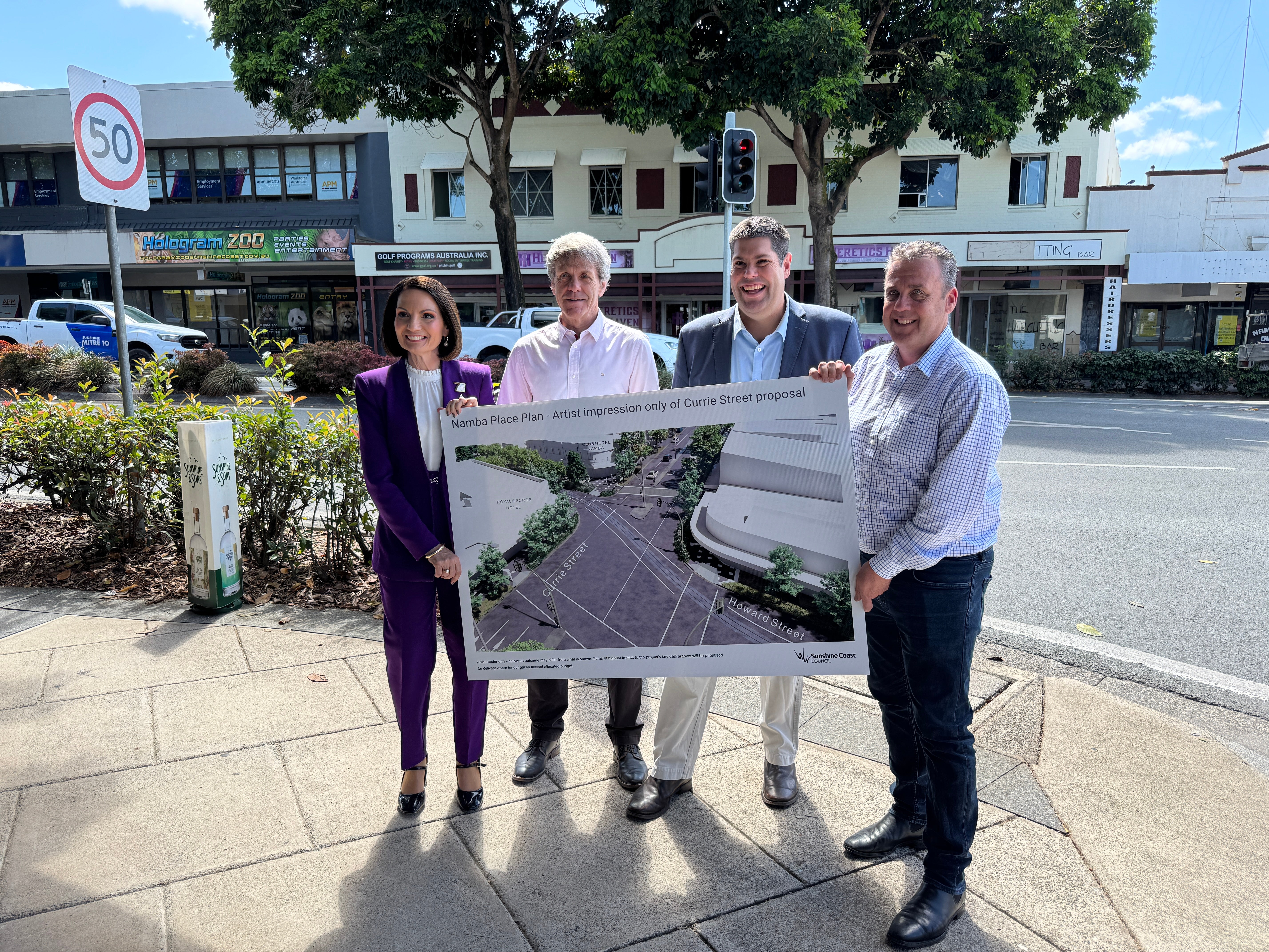 Mayor Rosanna Natoli, Cr David Law, Minister Brent Mickelberg and MP Marty Hunt at the Currie Street intersection holding the artist impression of the new streetscape. 