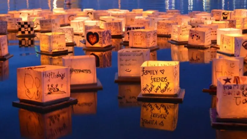 Lanterns with writing on them floating on the water.