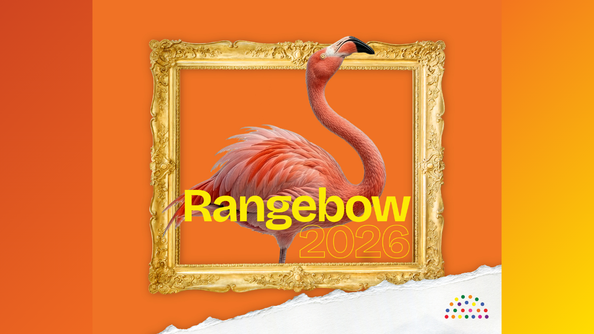 A pink flamingo in a landscape frame, with text Rangebow 2026