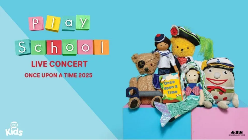 Play School characters sitting together holding a book with the title 'Once Upon a Time'