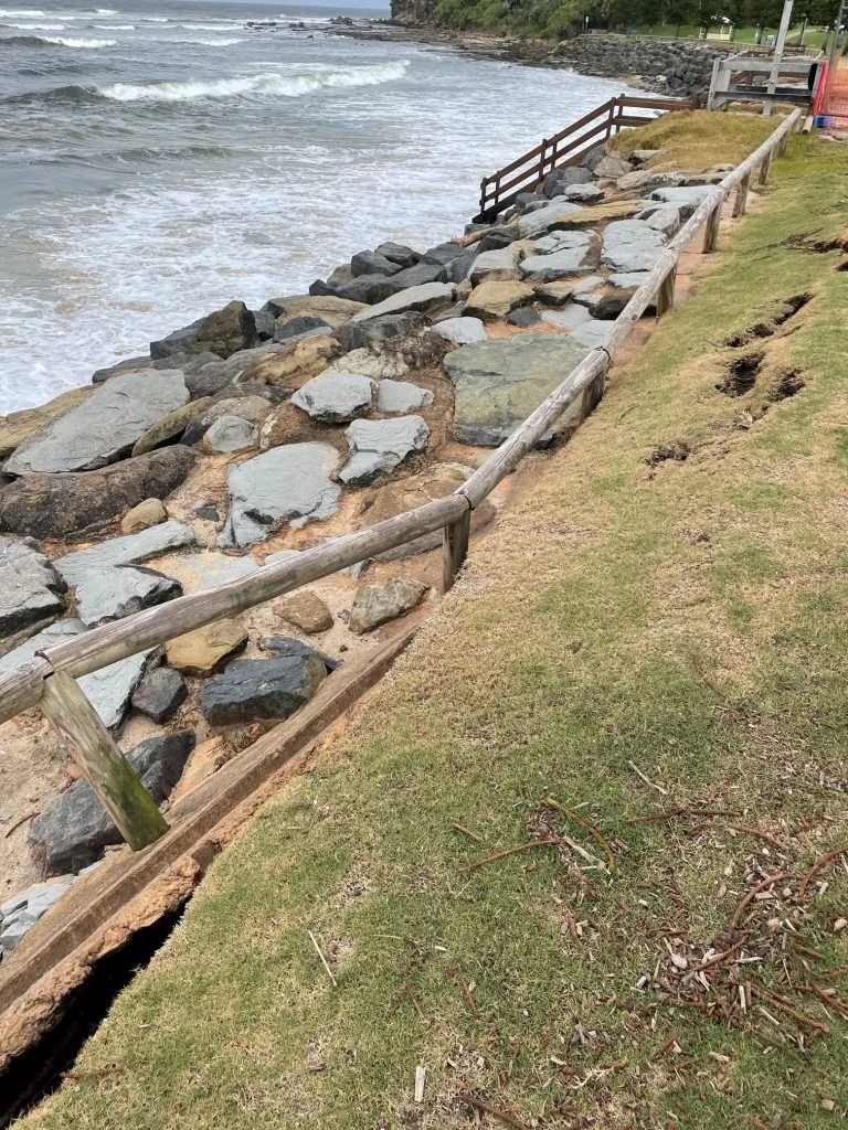 Cracking and damage to the Moffat Beach Seawall.