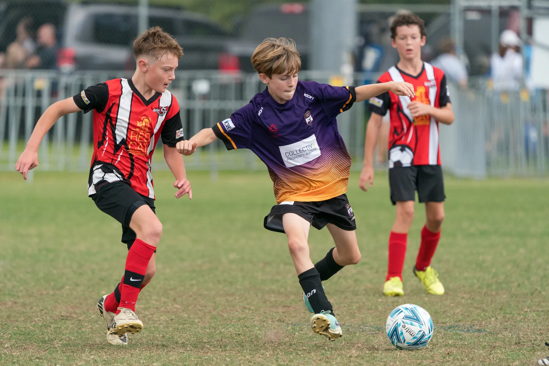 Set on a grassy green oval, three junior football players - two in red jerseys and one in purple (in the middle), they are all chasing the ball, with the one in purple looking like he's ready to kick the ball