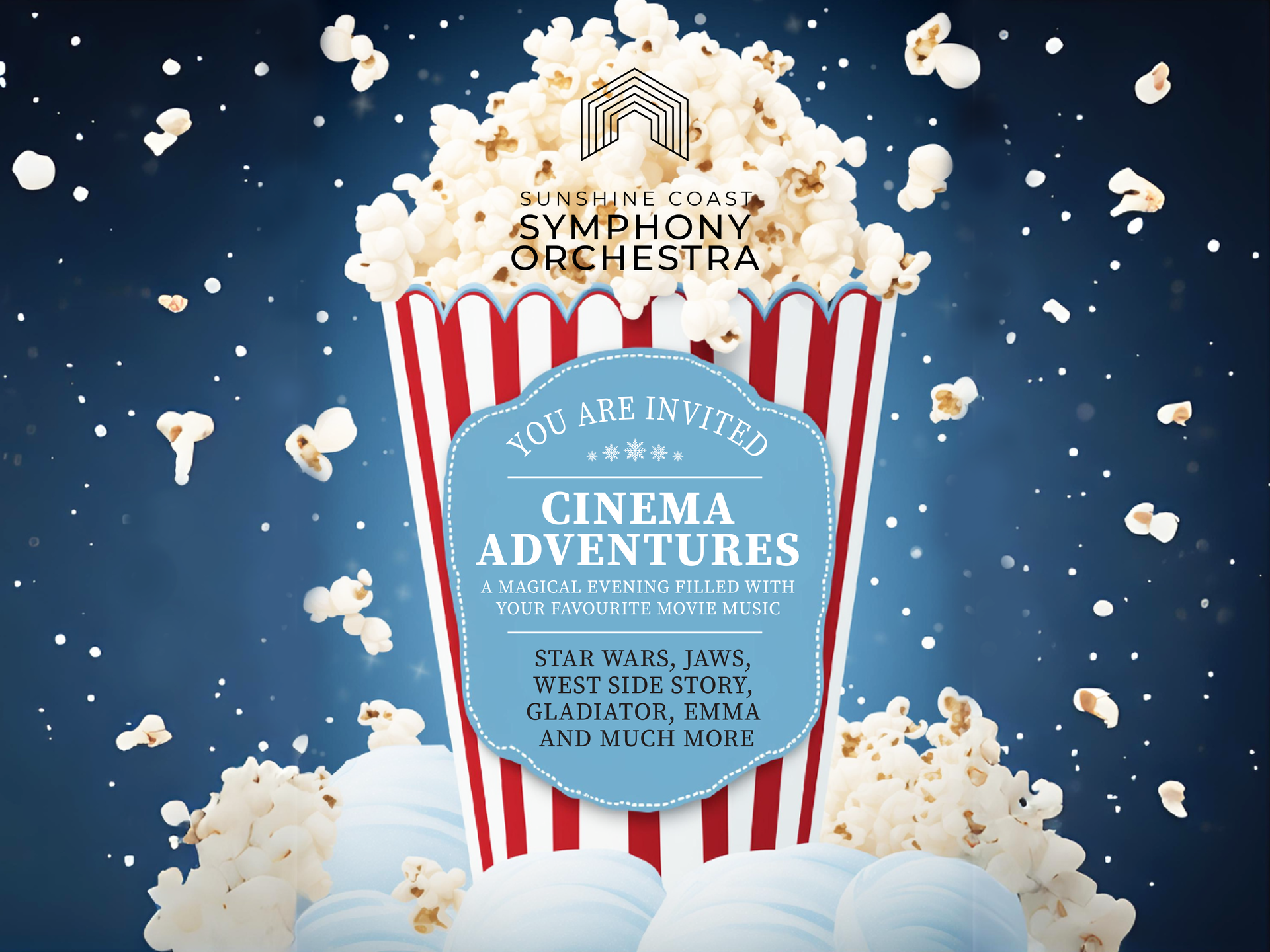 Popcorn overflowing from a box set against a blue backdrop, accompanied by an invitation to the Cinema Adventures event.