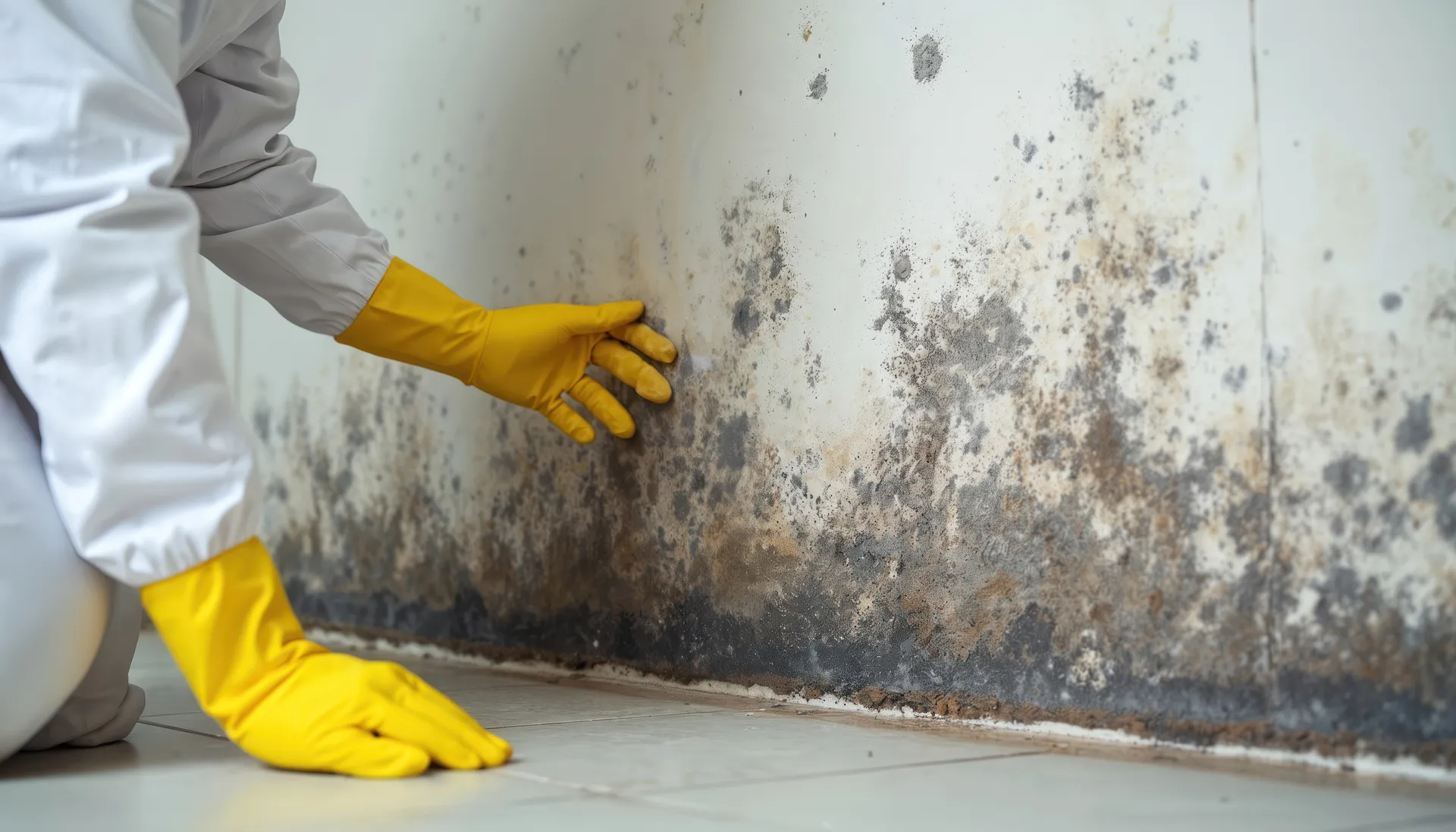 professional cleaner wearing protective clothing while inspecting mould