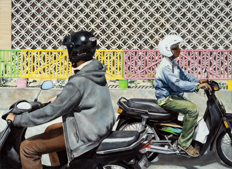 Finalist artwork by Nick Ashby. Two men, each on a moped