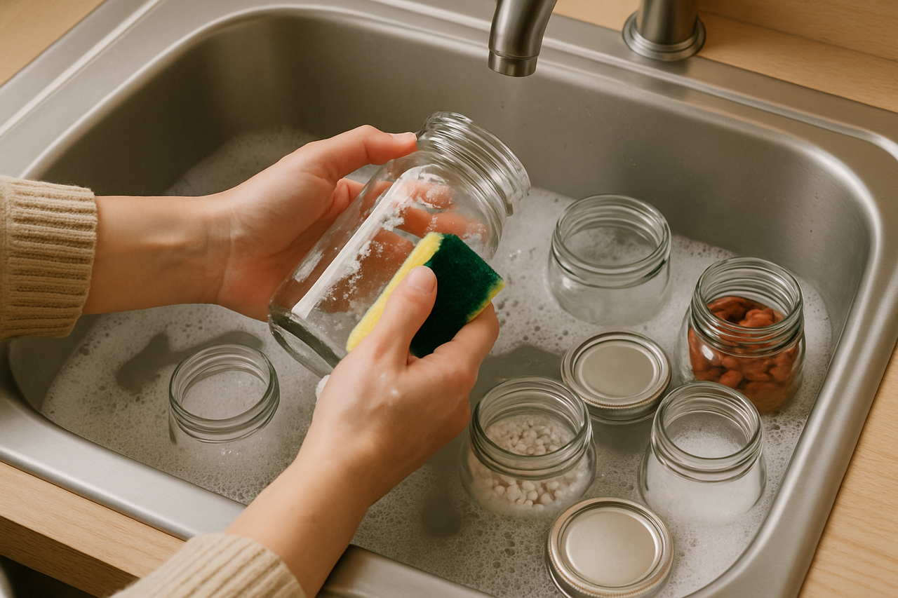 washing glass jars in a sink
