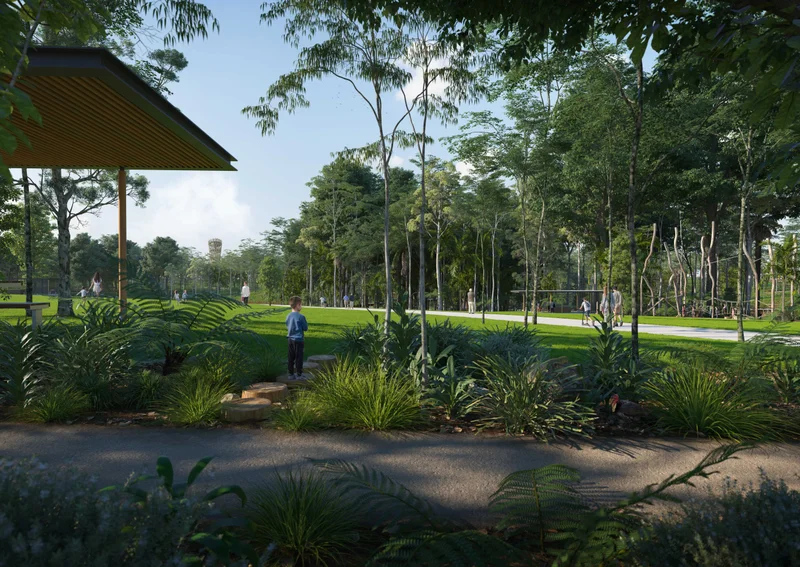 An artist impression from the ecological park master plan showing the barbecue area, walking paths and grassy play areas with the forest beyond. 