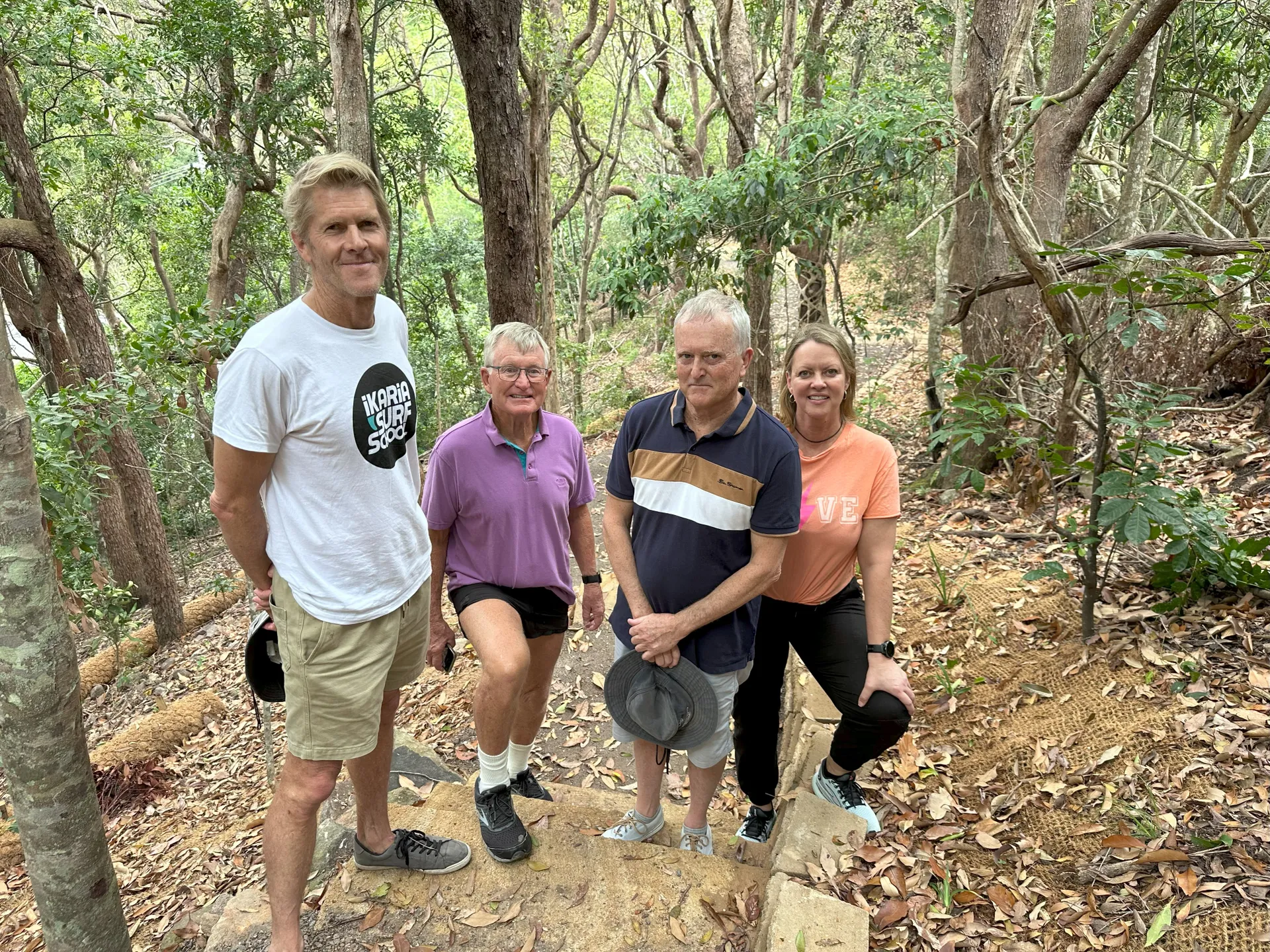 Four people standing on a bushland trail.Purple shirt – Tony Philbrick, resident and member Coolum Residents Association
White shirt – John Fuller, resident and member of the Coolum Residents Association
Navy shirt - Ray Barber, President Coolum Residents Association
Cr Maria Suarez, Division 9 Councillor, Sunshine Coast Council