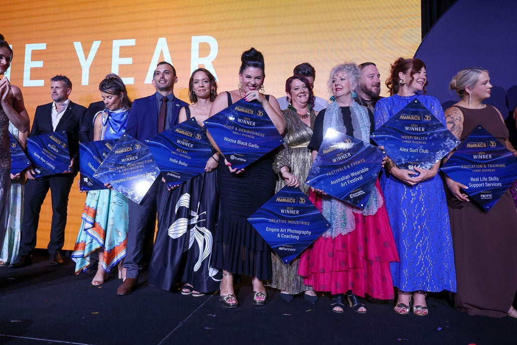 Sunshine Coast Business Award winners for 2025 - group photo; holding their awards