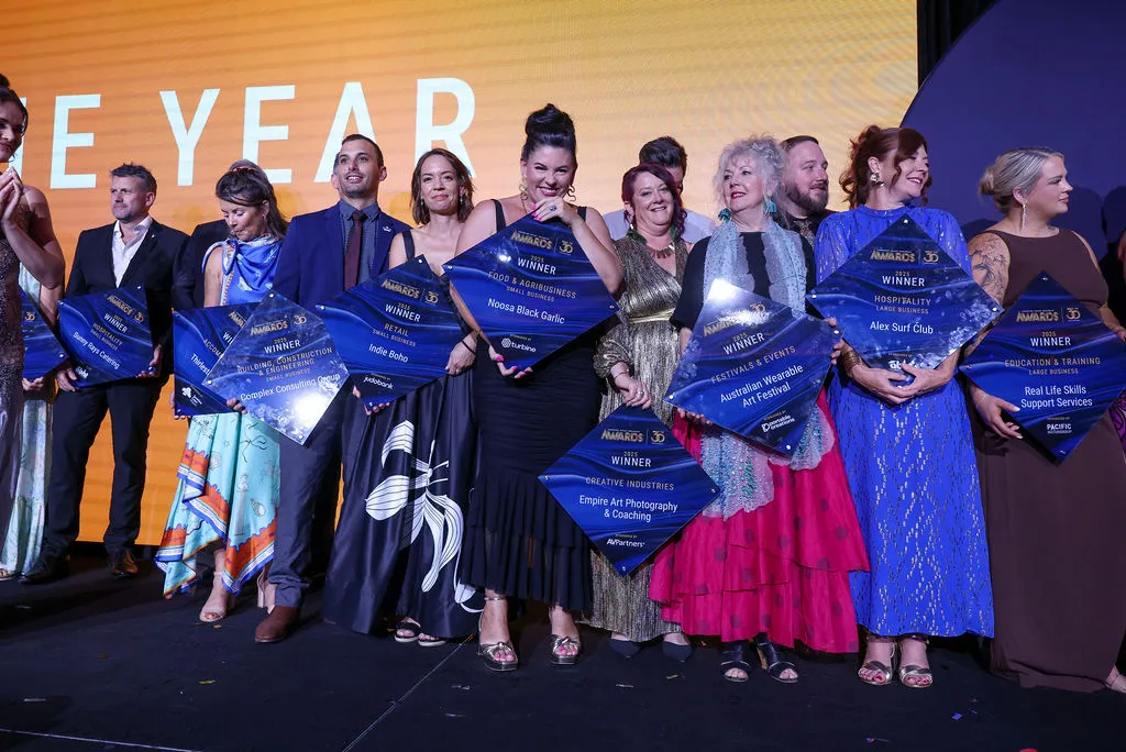 Sunshine Coast Business Award winners for 2025 - group photo; holding their awards
