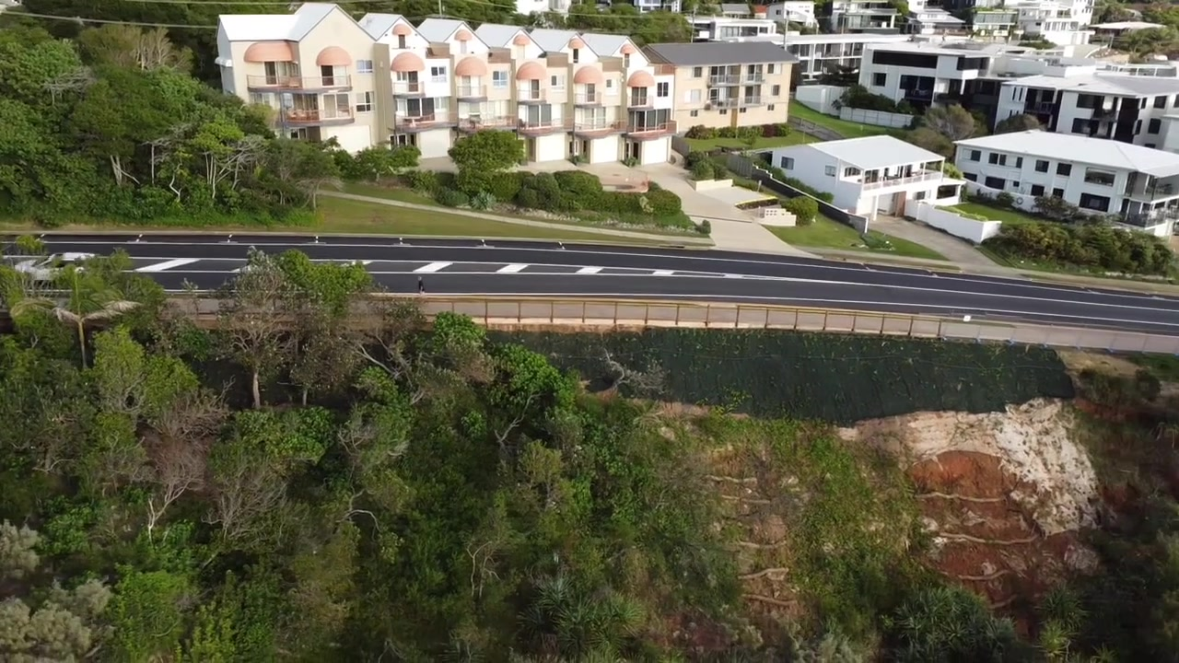 Landslip repair works completed at First Bay, Coolum - drone image from East