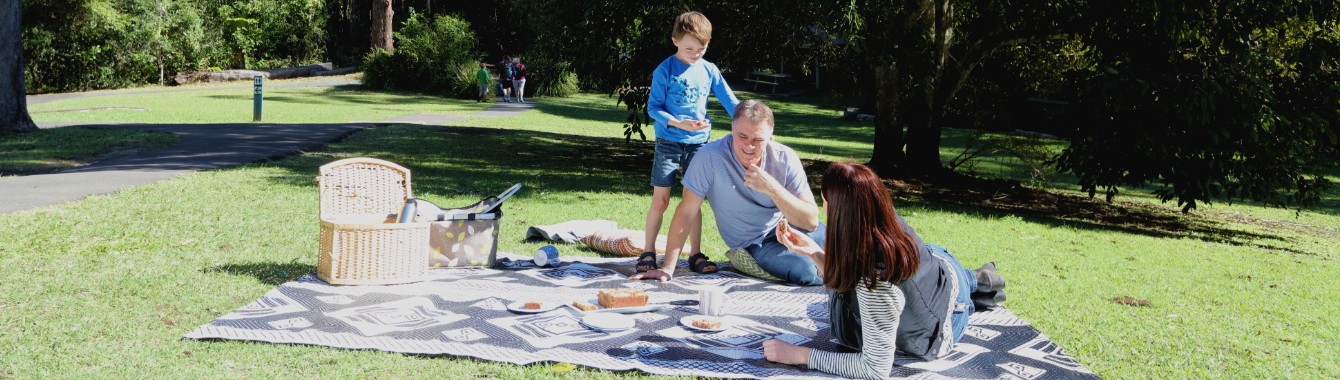 A family having a picnic at the park with smart sprinkler