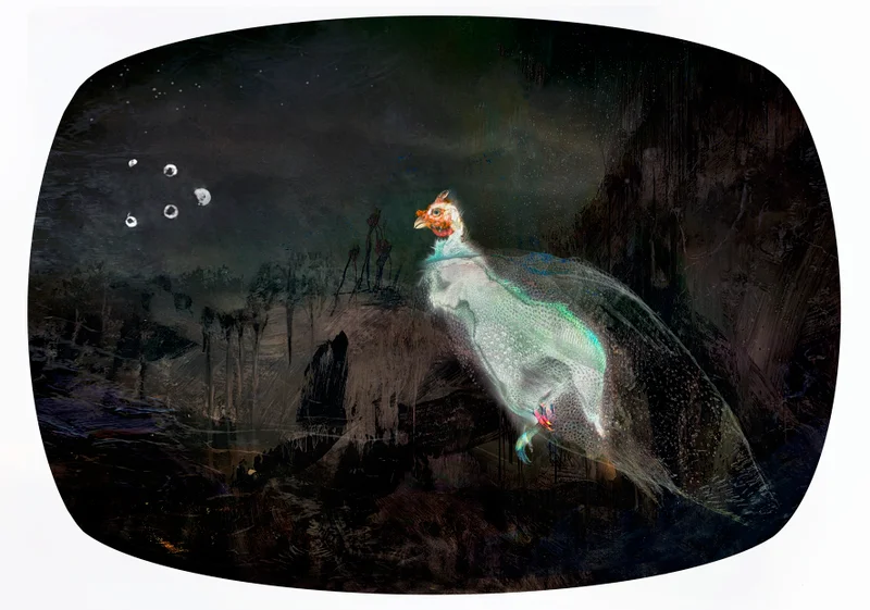 Painting of a guinea fowl at night