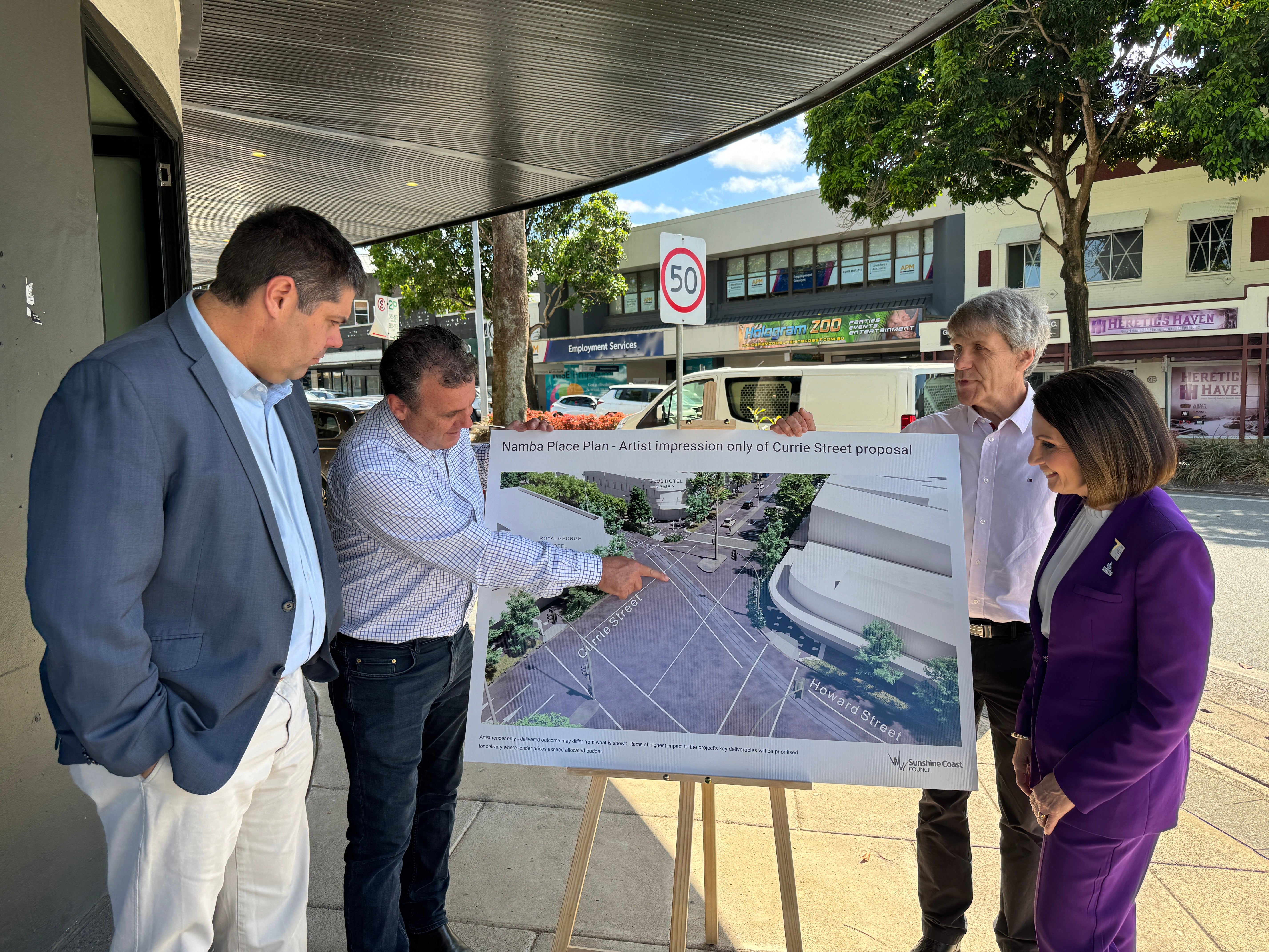 Minister Brent Mickelberg, MP Marty Hunt, Cr David Law and Mayor Rosanna Natoli at the Currie Street intersection holding the artist impression of the new streetscape. 