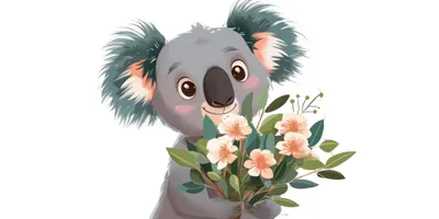 Koala presenting a bunch of flowers.