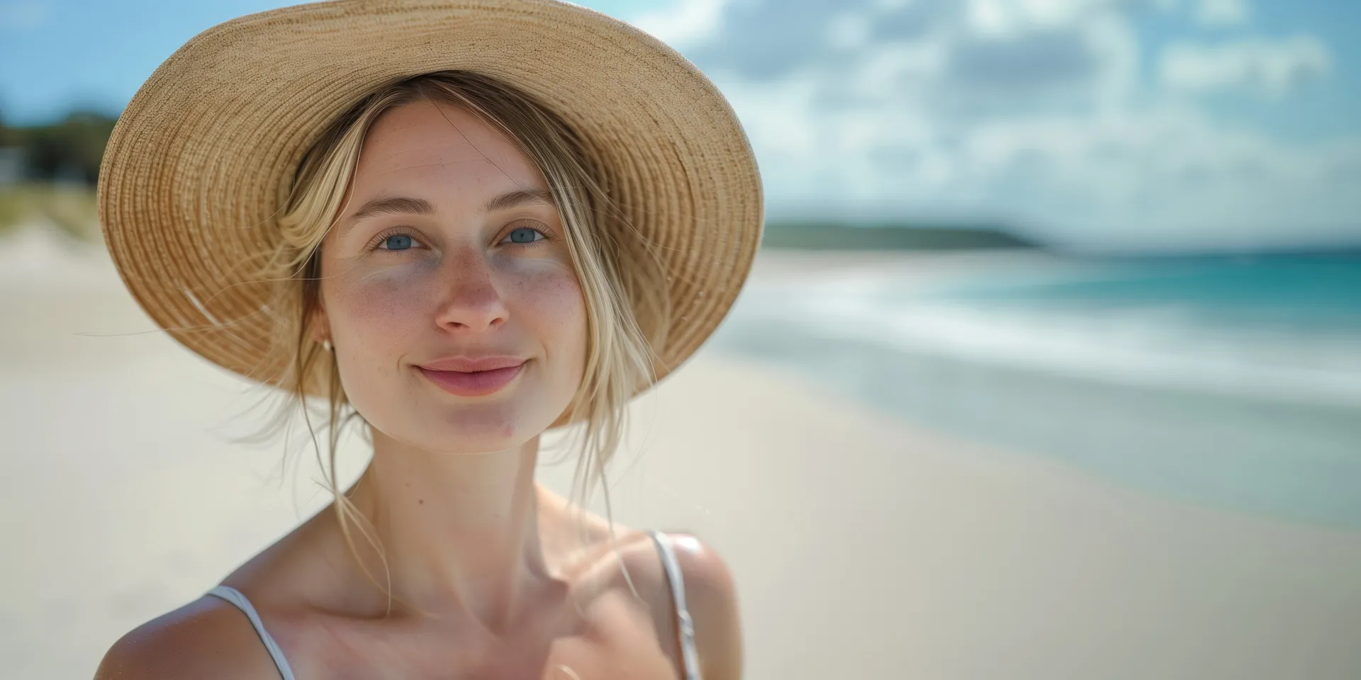lady wearing a big hat on the beach