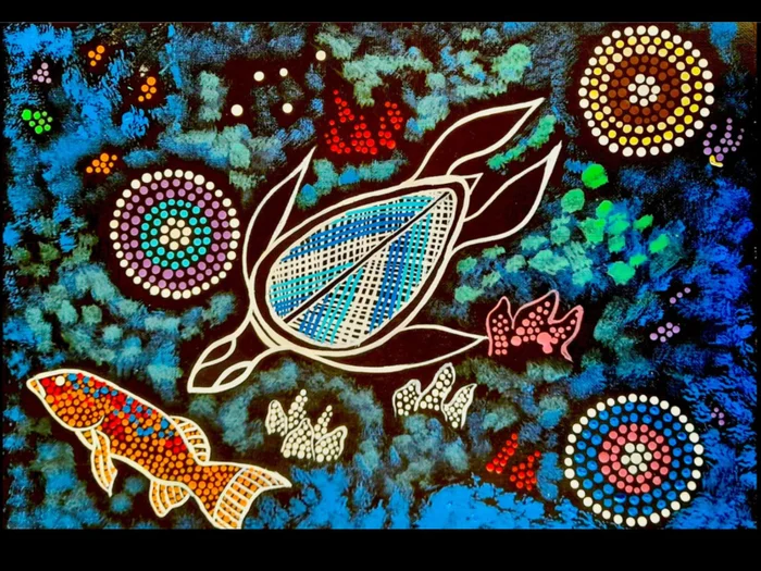 An artwork by artist Sammy Ray Jones, in which a turtle and fish swim among rich colours. 