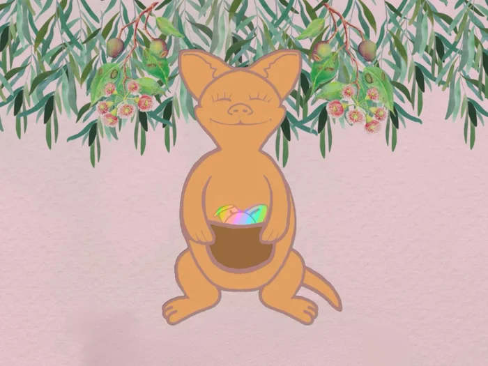 Cartoon character of a kangaroo with colourful baby joey ears sticking out of the mothers kangaroo pouch. Image for the preschooler show The Party. 