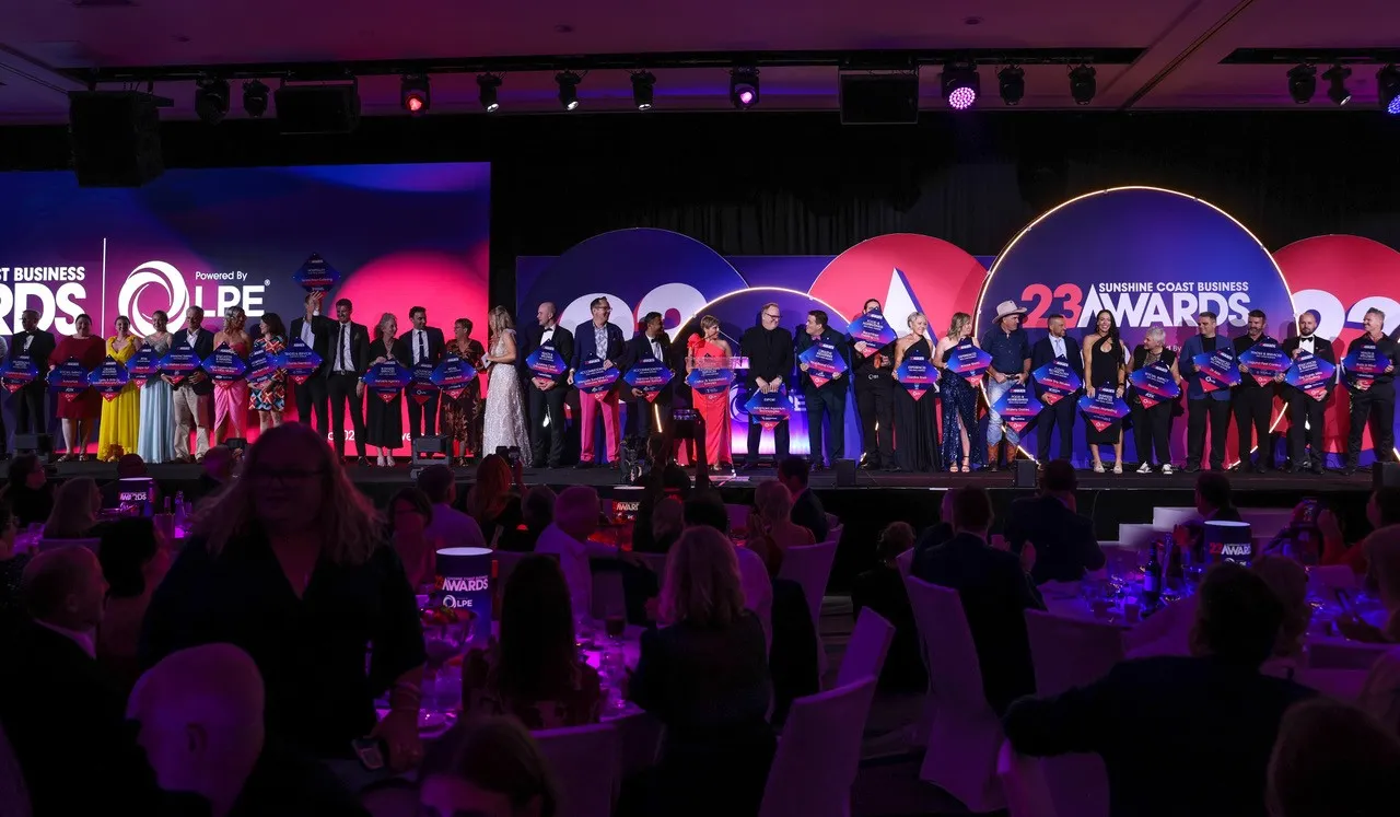 SCBA Winners for 2023 all together on stage at the Sunshine Coast Business Awards gala event, 11 November, 2023