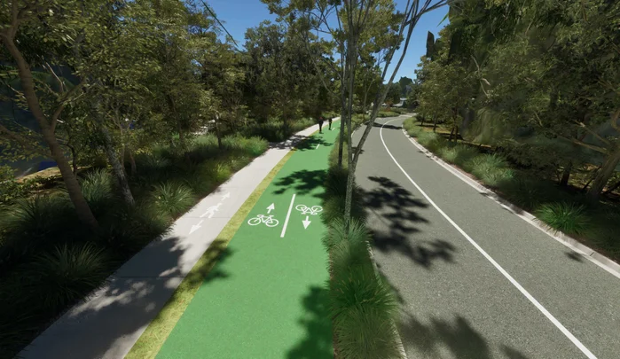 An artist's illustration of Goshawk Boulevard in Buderim, shows a shady road with two lanes, as well as a walking and riding path on the left-hand side.