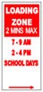 Loading Zone sign with red arrow pointing right with School days and times.