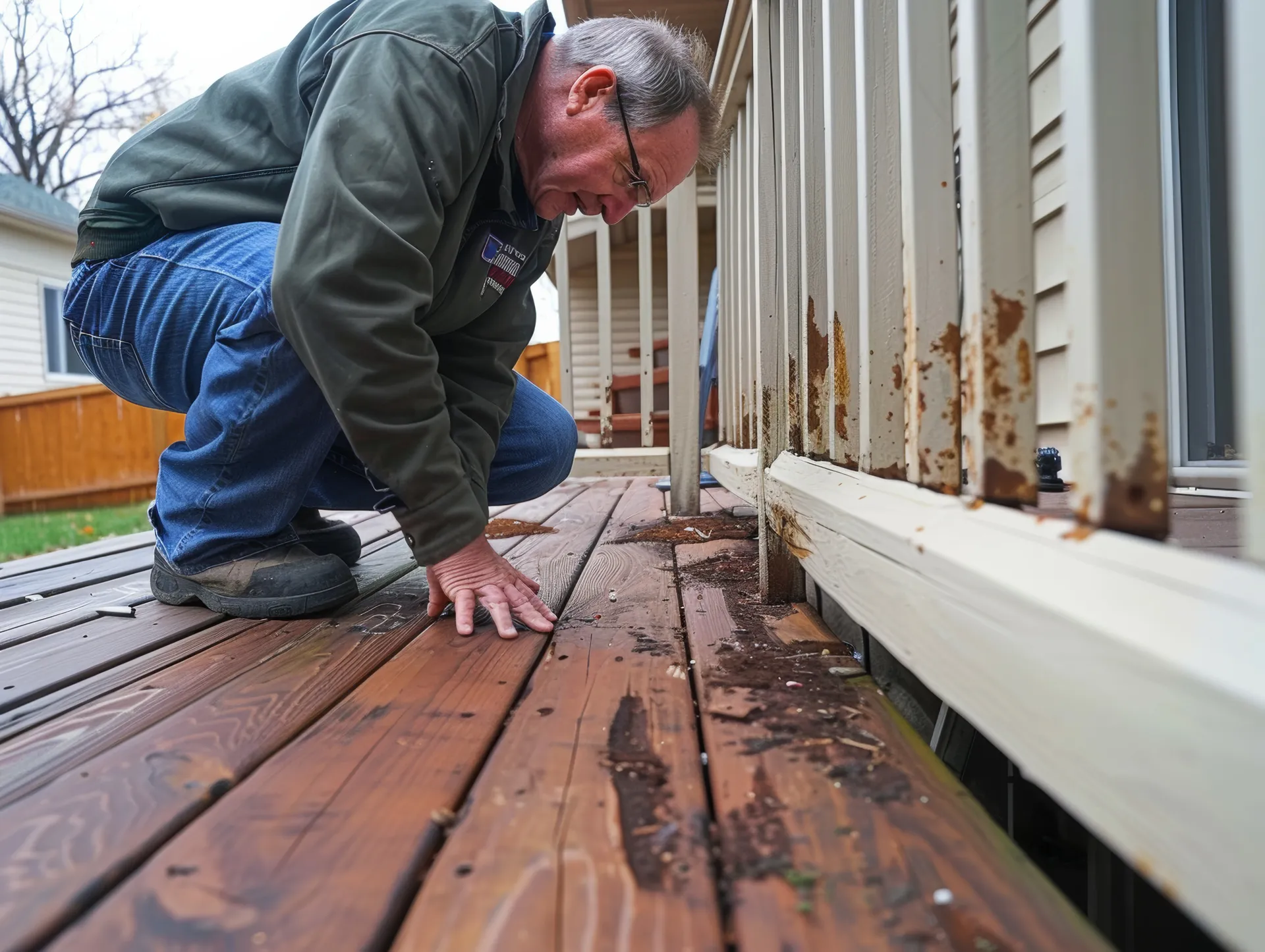 Man inspecting his deck