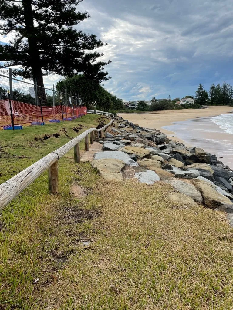 Cracking and damage to the Moffat Beach Seawall.