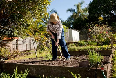 A lady in her garden prepping her veggie patch
