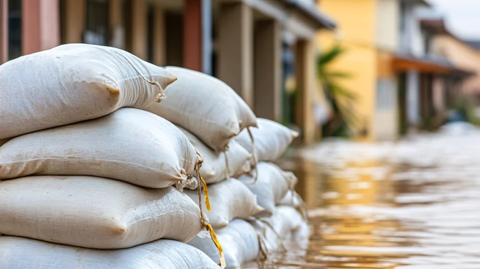 Sandbags stacked up in water