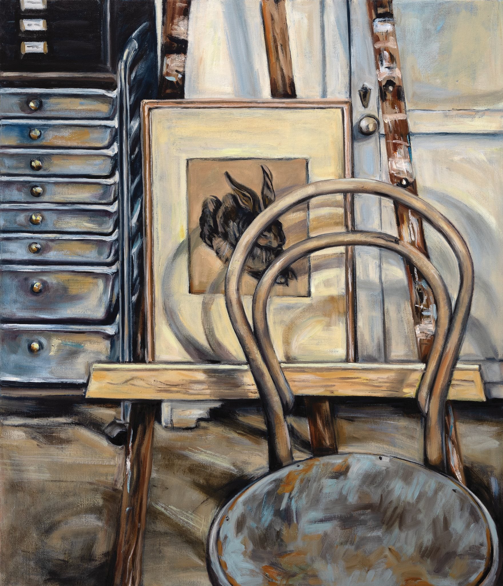 Marvene Ash | Studio furniture (hare hiding) | 2025 | oil on Belgian linen | 108 x 92cm. Photo by Christine Hall, Myphotomotion.