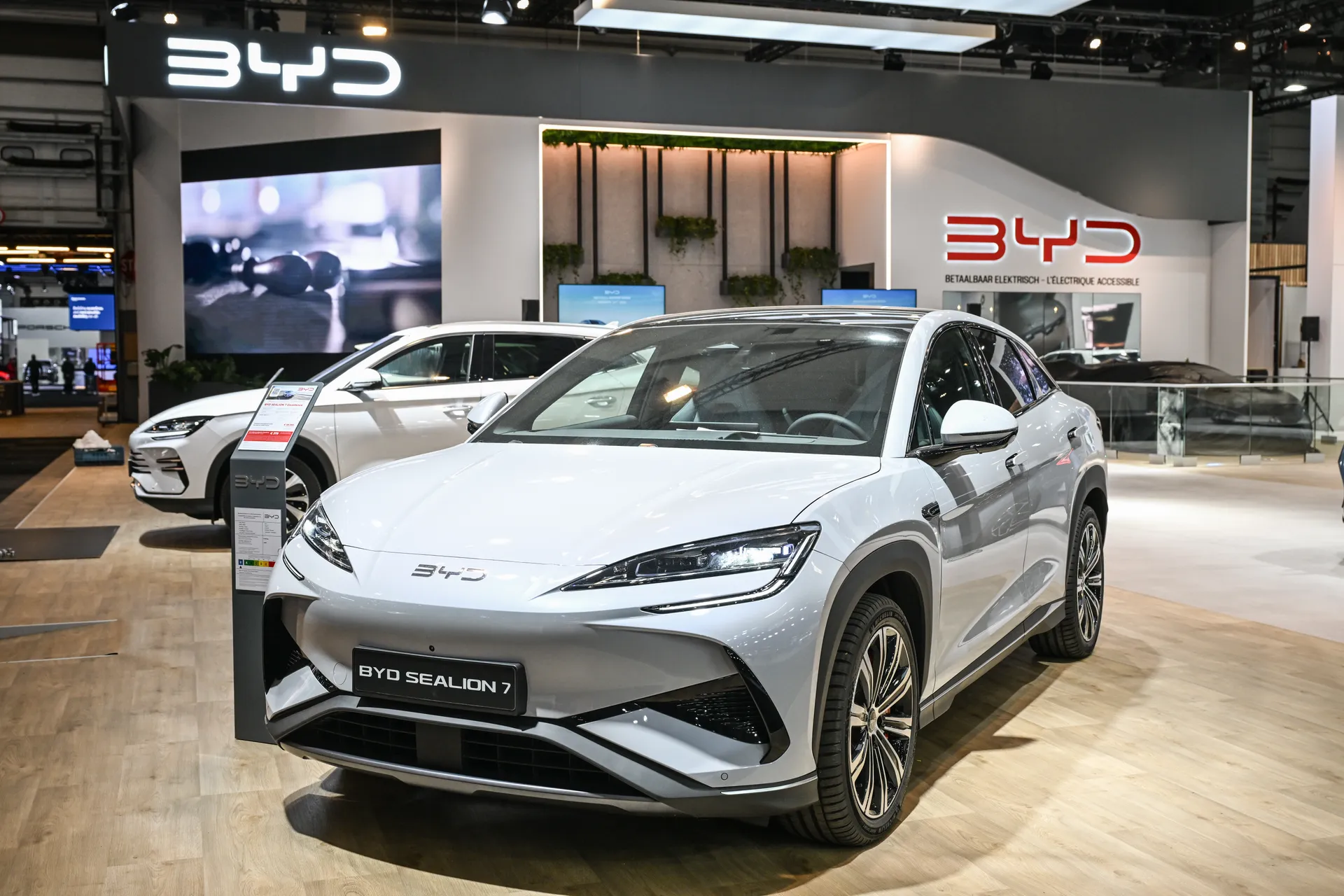 white BYD Sealion 7 in a showroom - editorial use only