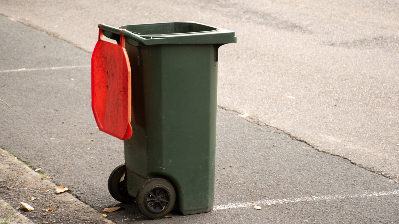 red lidded wheelie bin