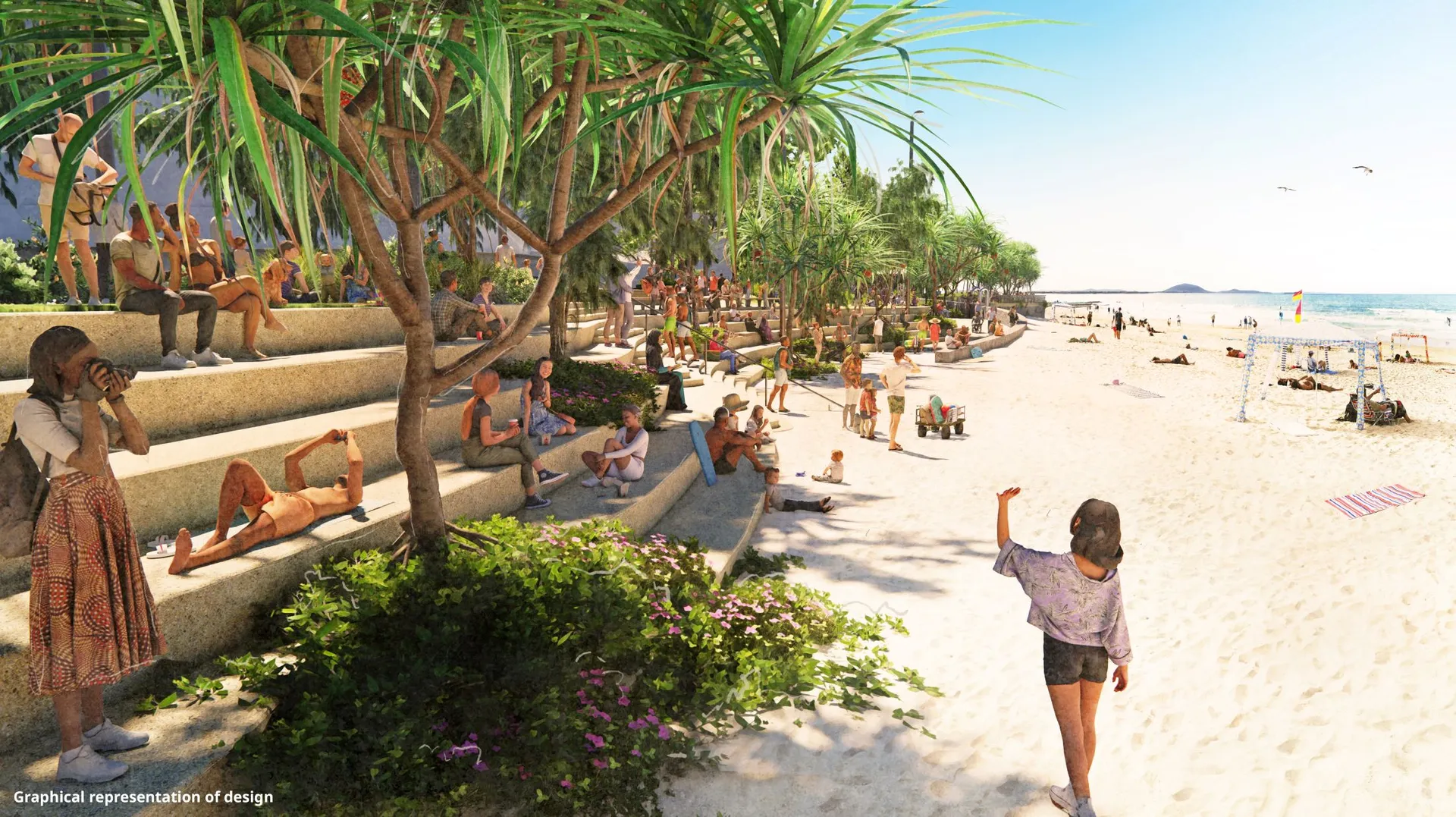 Artist impression of Mooloolaba Foreshore’s southern seawall featuring shaded, wide terraced steps that will double as community seating.