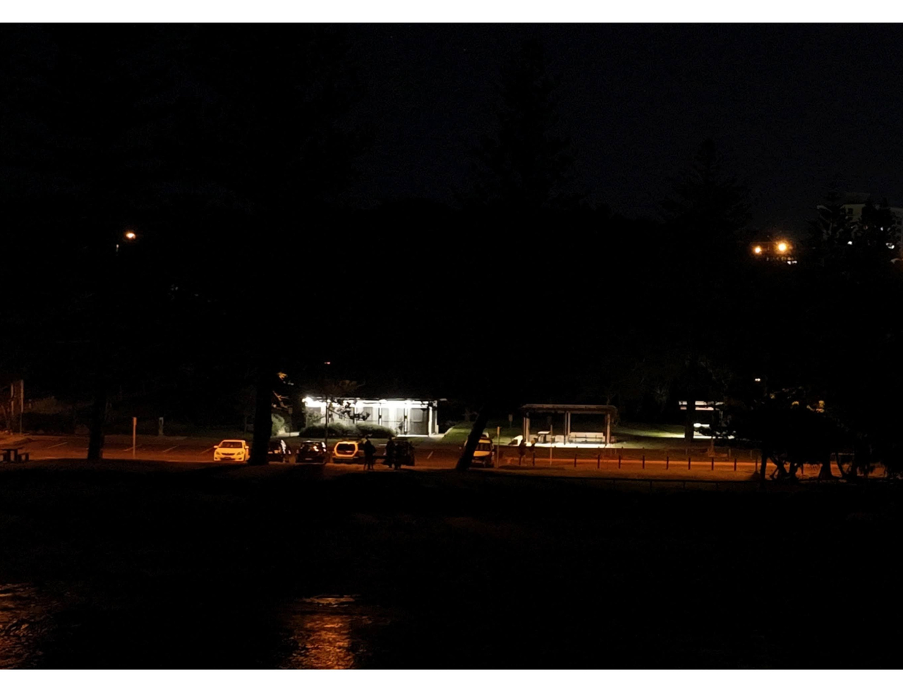 Shelly Beach Carpark and facilities lighting after changes, with motion activated lighting installed in carpark and facilities building and the removal of unnecessary flood lighting.