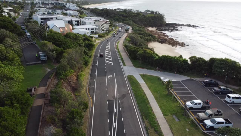 Landslip repair works completed at First Bay, Coolum - drone image from South