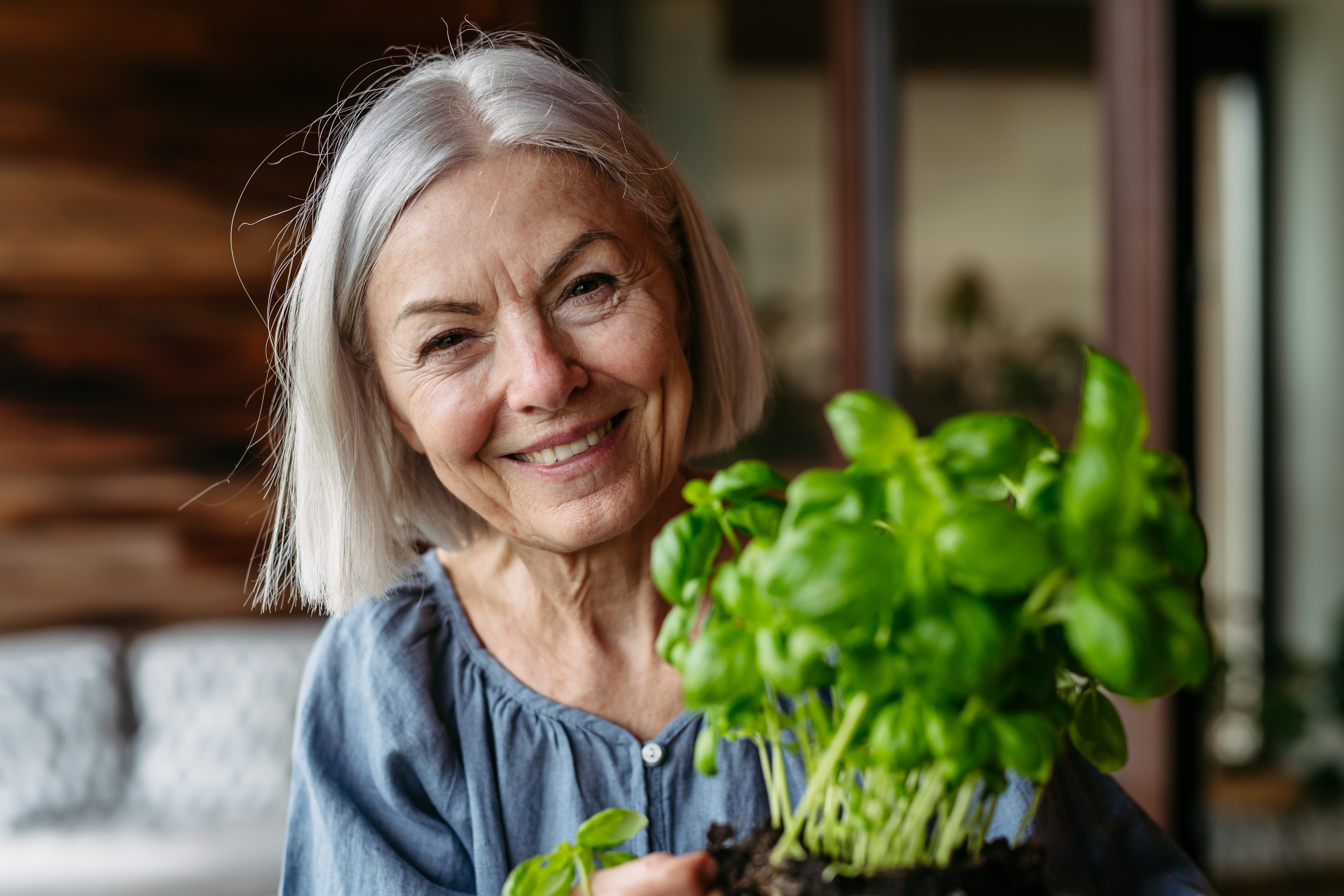 a lady holding a put of healthy basil