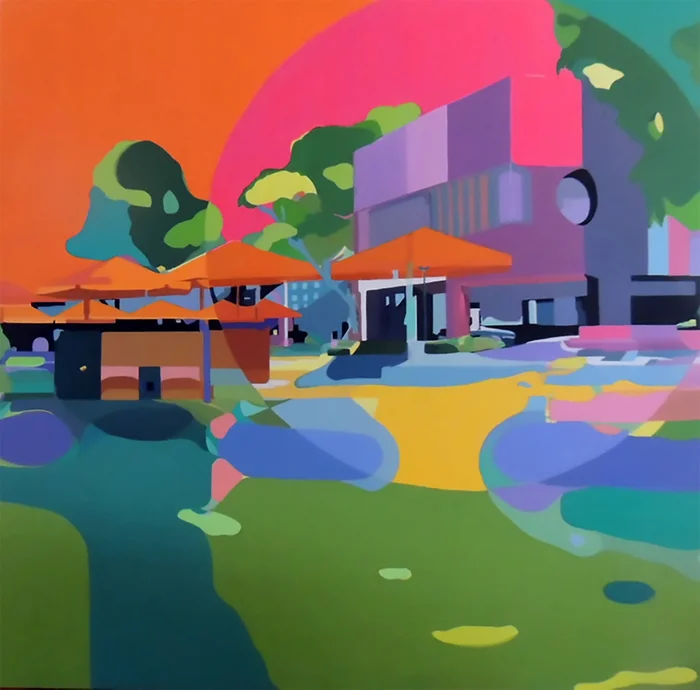 colourful scene with building and outdoor umbrellas.