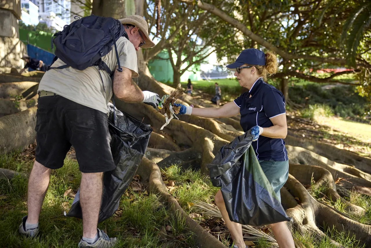 people picking litter by trees