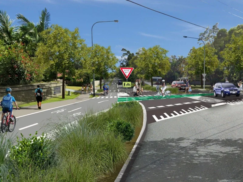 Artist impression of a streetscape concept for Karawatha Drive and Golf Links Drive as part of the Mooloolaba to University Active Transport Corridor. 