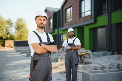two builders in hard hats and overalls outside a building project
