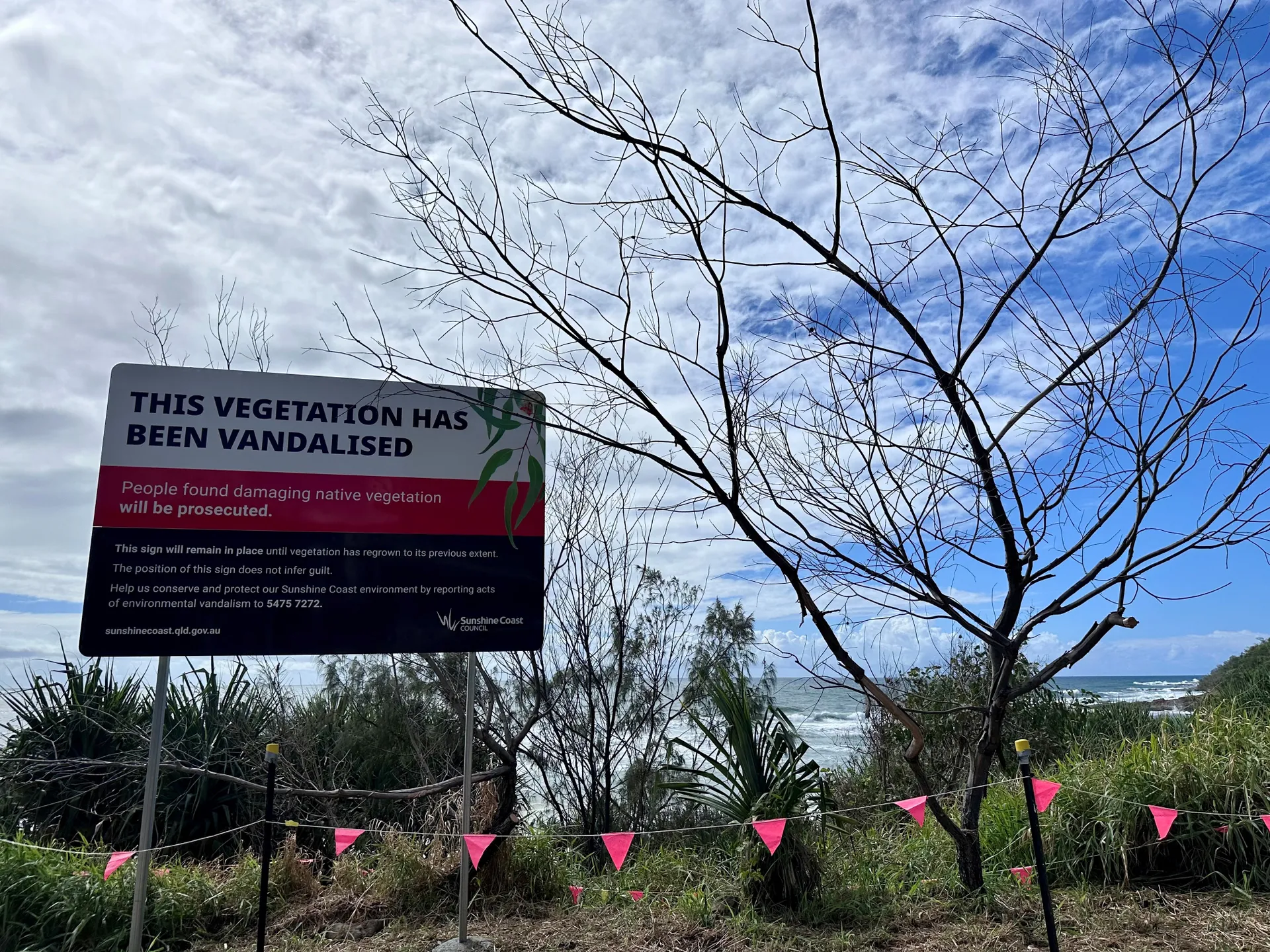 Herbicide testing has confirmed poisoning of trees at First Bay, Coolum, and a sign has now been put up as a warning.