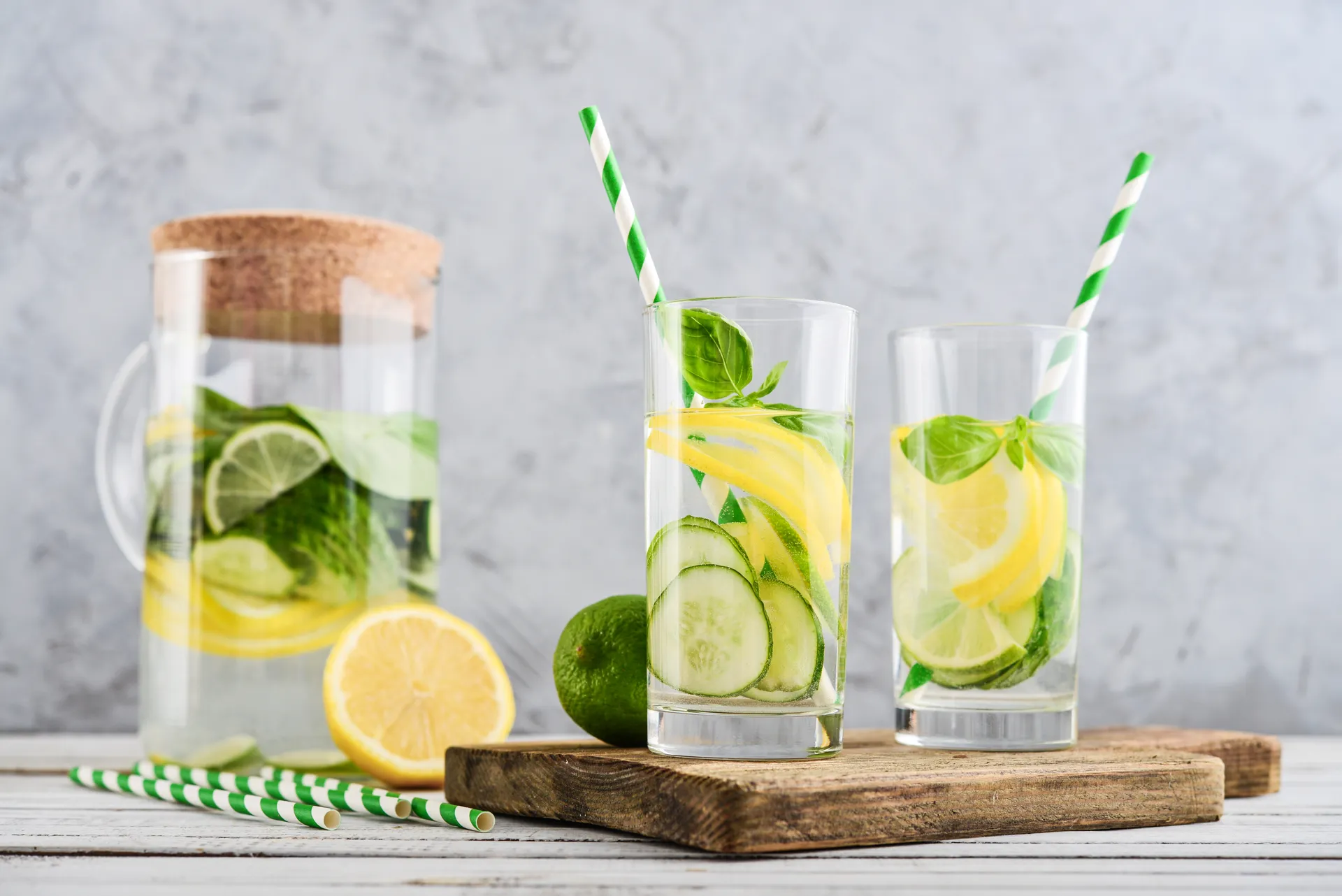 cocktail with cucumber, basil, lemon and lime