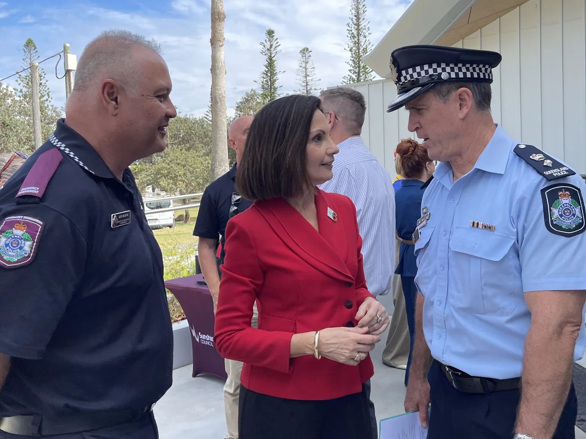 Get Ready Week launch Mayor Natoli stands centre with QPS Des Neijens and Craig Hawkins.