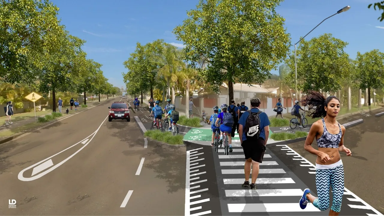 Artist impression of a streetscape concept for Molakai Drive, Mountain Creek as part of the Mooloolaba to University Active Transport Corridor.