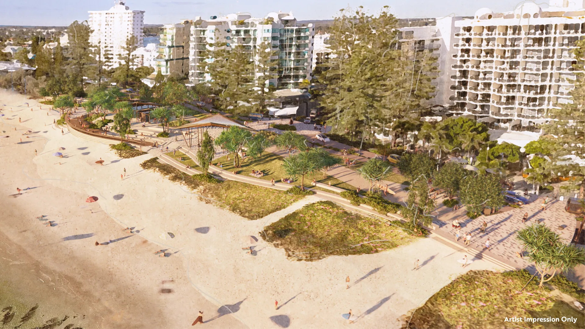 Artist’s impression of the Central Meeting Place with new, accessible public amenities and a terraced seawall which doubles as beachside seating with plants and shade trees.