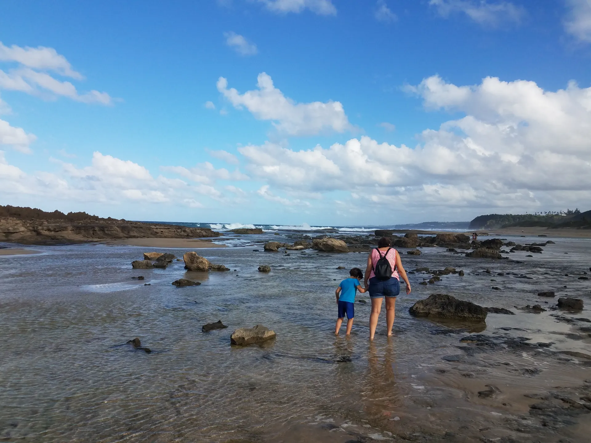Adult and child walking through shallow water