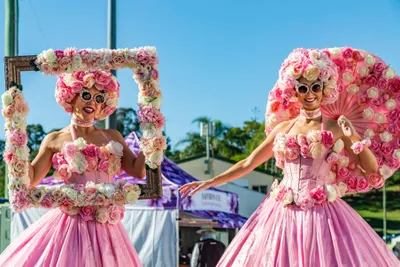 Qld Garden show, two ladies covered in flowers